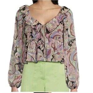 Evolutionary Peplum Blouse Multicolor Long Sleeve Crop Top Sz S Lined NWT